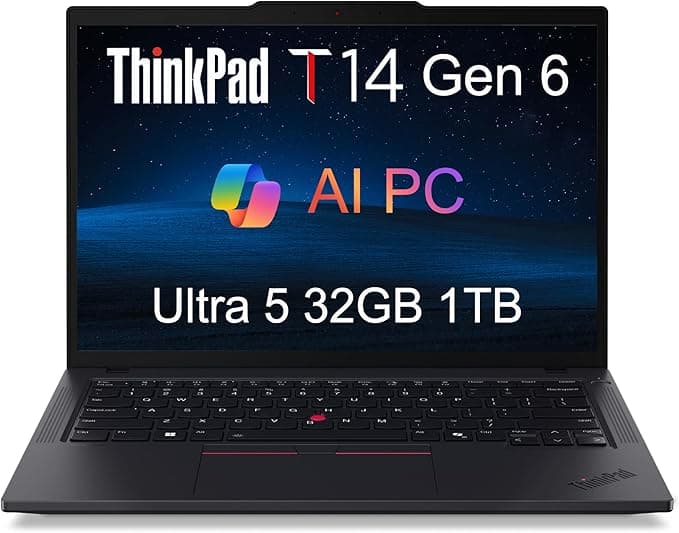 Lenovo ThinkPad T14 Gen 6 Business Laptop (14" FHD+, Intel 12-Core Ultra 5 225U (> Ultra 7 155U), 32GB DDR5 RAM, 1TB SSD), Backlit, Fingerprint, 5MP Webcam, Thunderbolt 4, Win 11 Pro, 2025 AI PC