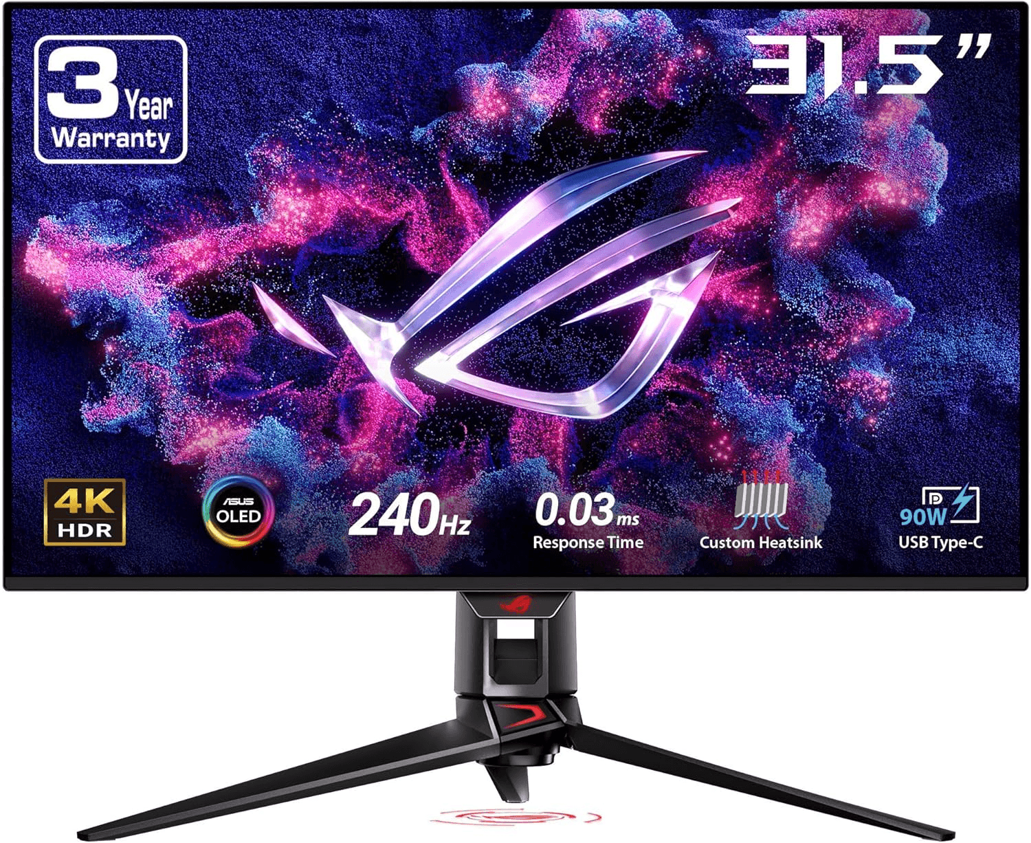 ASUS ROG Swift 32” 4K OLED Gaming Monitor (PG32UCDM) - UHD (3840 x 2160), QD-OLED, 240Hz, 0.03ms, G-SYNC Compatible, Custom Heatsink, Graphene Film, 99% DCI-P3, True 10-bit, 90W USB-C