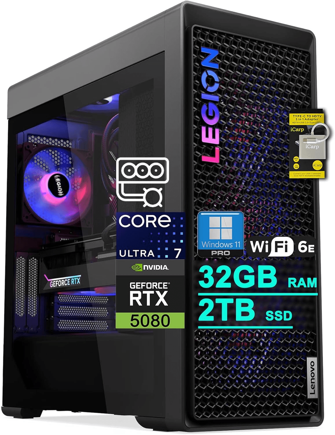 Lenovo Legion Tower 7i Gen 10 Gaming AI Desktop Intel 20-core Ultra 7 265K 32GB RAM 2TB SSD GeForce RTX 5080 16GB GDDR7 (Up to 1801 AI Tops) Thunderbolt 360mm Liquid Cooler ARGB Fan Win11Pro ICP Hub