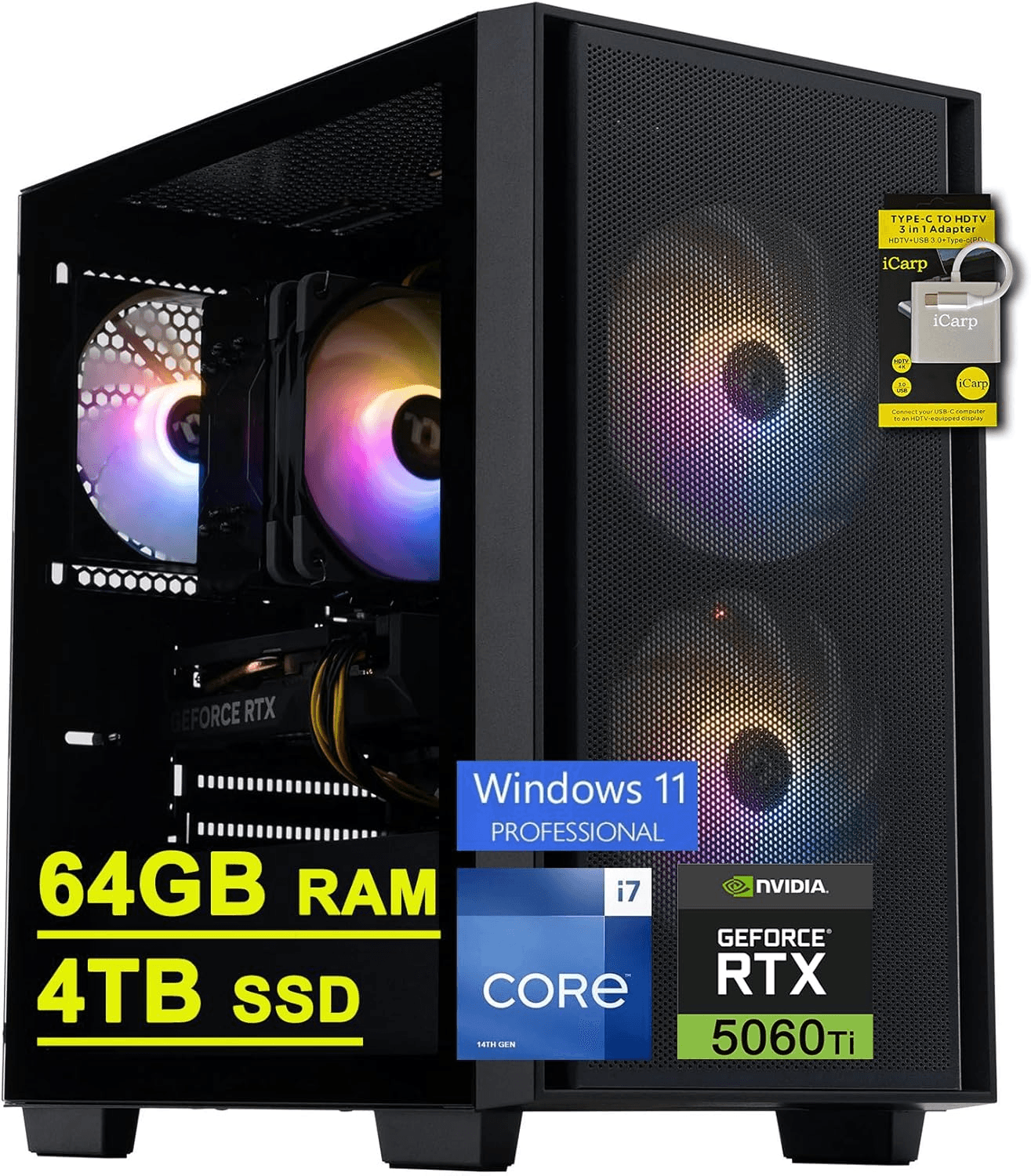 Acer Nitro 60 Gaming Desktop Computer Intel 20-core i7-14700F 64GB DDR5 4TB SSD GeForce RTX 5060 Ti 16GB GDDR7 DLSS4 (Up to 759 AI Tops) Type-C DisplayPort Wi-Fi6 Win11Pro ICP Hub