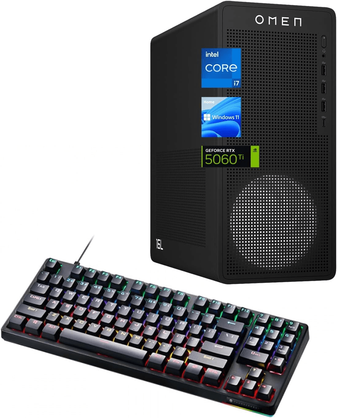 HP OMEN 16L TG03 RTX 5060 Ti Gaming Desktop, Intel Core i7-14700F, 64GB RAM, 2TB SSD, Wi-Fi 6, Workstation for Music Production and Editing, Bundle with Thunderobot KG3089R Gaming Keyboard